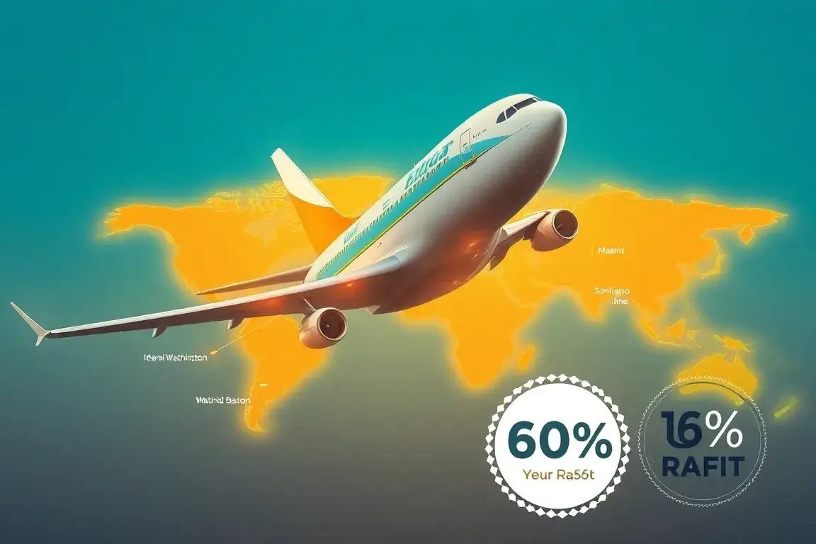 Iberia Plus: Bis zu 60% Rabatt auf Award-Flüge: Stil: Fotorealistisches Reiseposter in Iberia-Blau und Gold; Eine moderne Iberia-Maschine i…