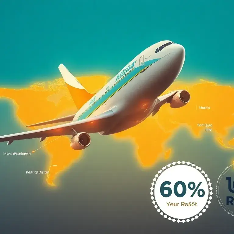 Iberia Plus: Bis zu 60% Rabatt auf Award-Flüge: Stil: Fotorealistisches Reiseposter in Iberia-Blau und Gold; Eine moderne Iberia-Maschine i…