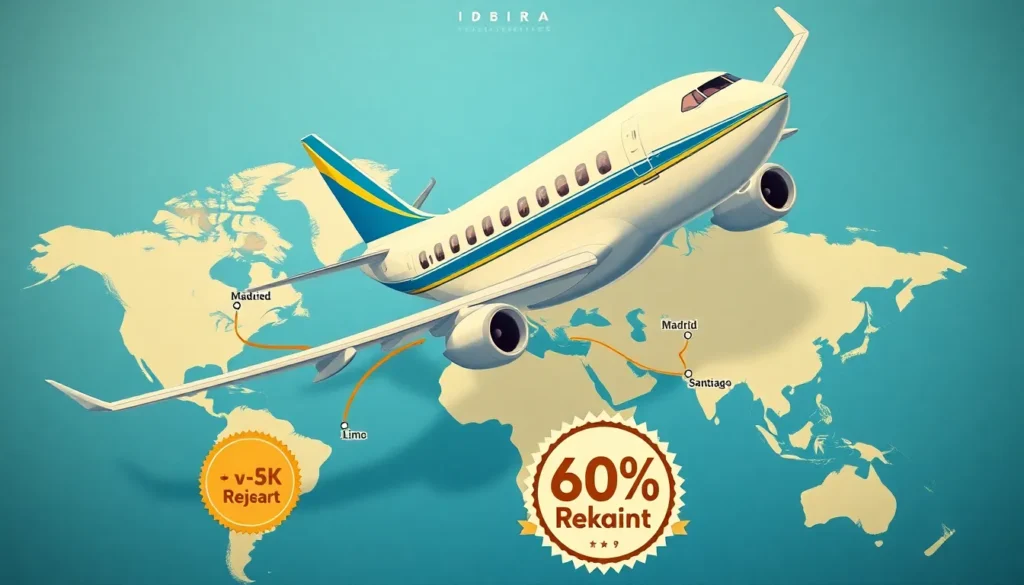 Iberia Plus: Bis zu 60% Rabatt auf Award-Flüge - Fazit: Midjourney-Stil: Ein detailreiches Reiseposter in Iberia-Blau-Gold, eine moderne Ib…