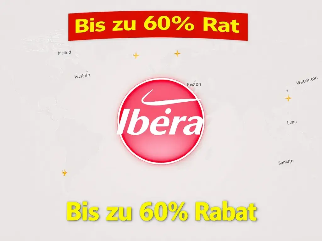 Iberia Plus: Bis zu 60% Rabatt auf Award-Flüge: Erzeuge ein hochauflösendes 16:9-Bild im Stil moderner Marketing-Grafik: Im Zentrum ein leu…