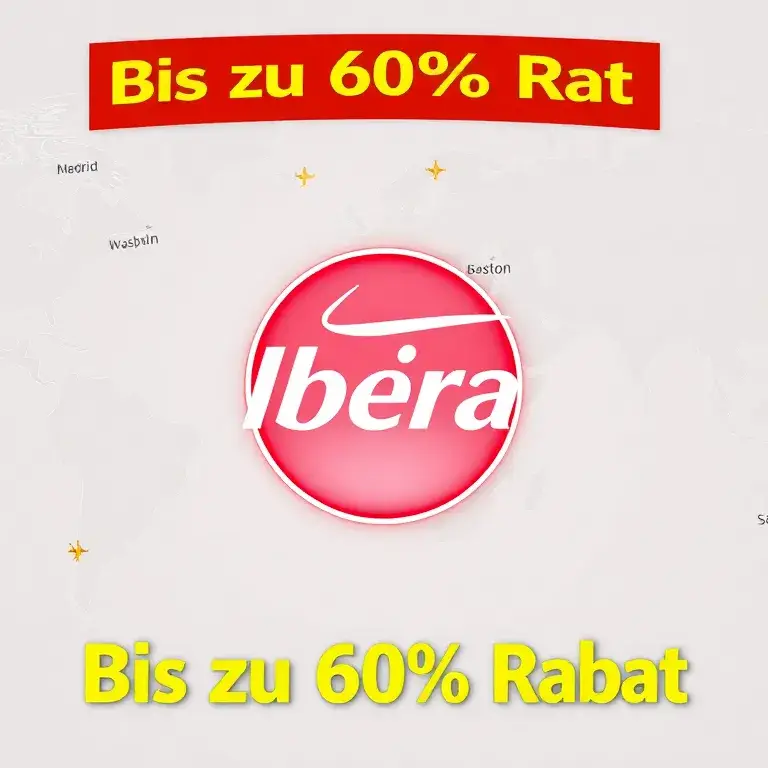 Iberia Plus: Bis zu 60% Rabatt auf Award-Flüge: Erzeuge ein hochauflösendes 16:9-Bild im Stil moderner Marketing-Grafik: Im Zentrum ein leu…