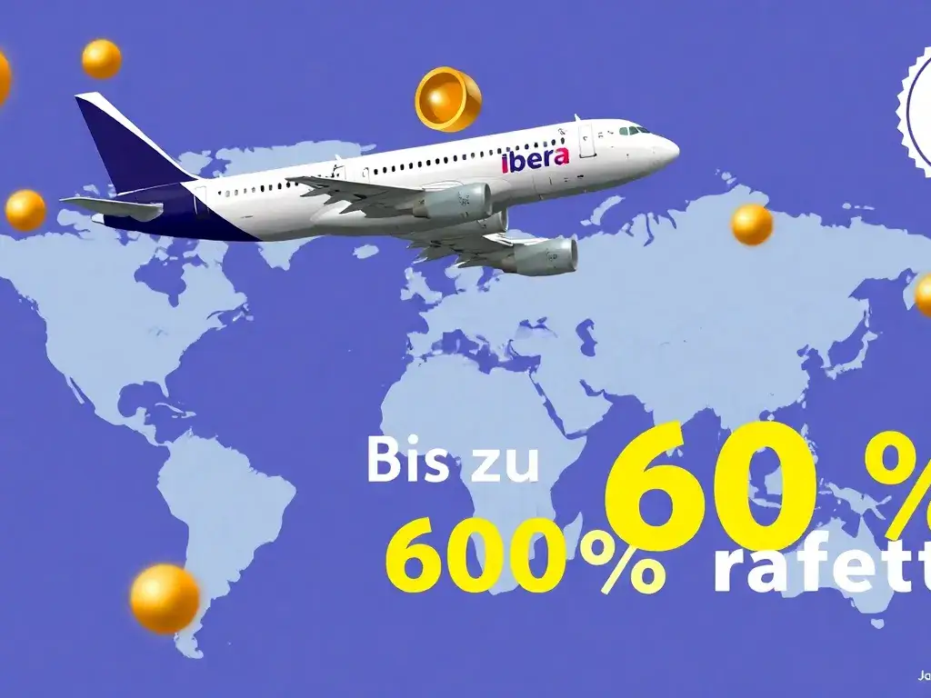Iberia Plus: Bis zu 60% Rabatt auf Award-Flüge: Eine hochwertige Reisekollage: Eine Iberia-Maschine fliegt über einer Weltkarte, Avios-Punk…