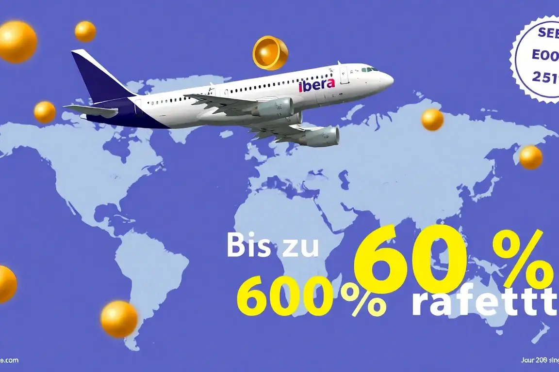 Iberia Plus: Bis zu 60% Rabatt auf Award-Flüge: Eine hochwertige Reisekollage: Eine Iberia-Maschine fliegt über einer Weltkarte, Avios-Punk…