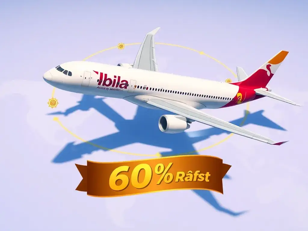 Iberia Plus: Bis zu 60% Rabatt auf Award-Flüge: Erstelle ein hochwertiges Titelbild im 16:9-Format: Eine stilisierte Iberia-Maschine über e…
