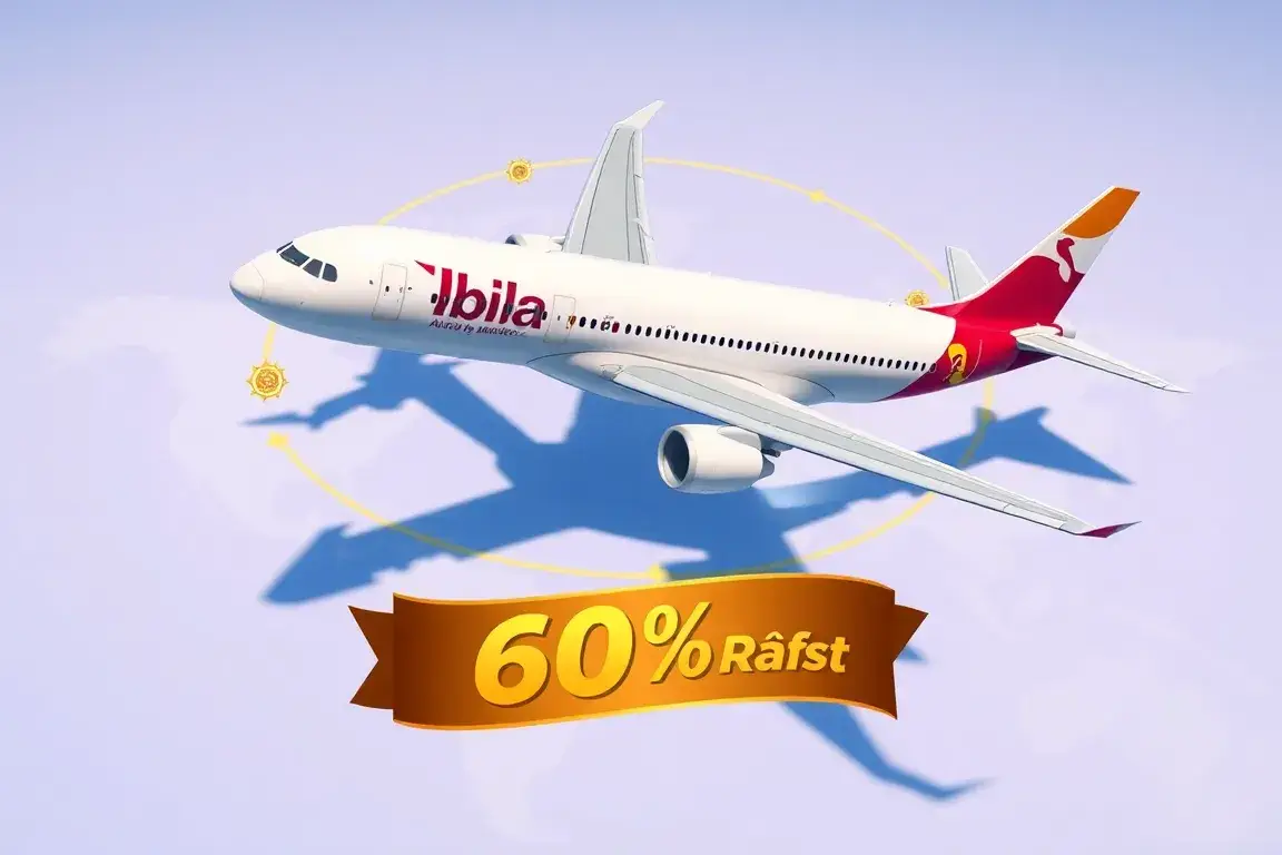 Iberia Plus: Bis zu 60% Rabatt auf Award-Flüge: Erstelle ein hochwertiges Titelbild im 16:9-Format: Eine stilisierte Iberia-Maschine über e…