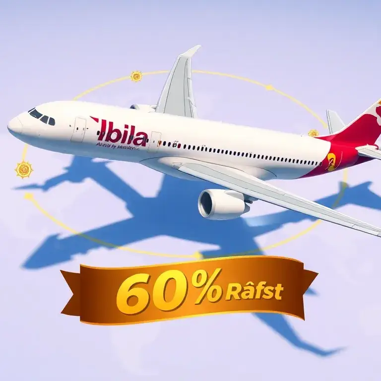 Iberia Plus: Bis zu 60% Rabatt auf Award-Flüge: Erstelle ein hochwertiges Titelbild im 16:9-Format: Eine stilisierte Iberia-Maschine über e…