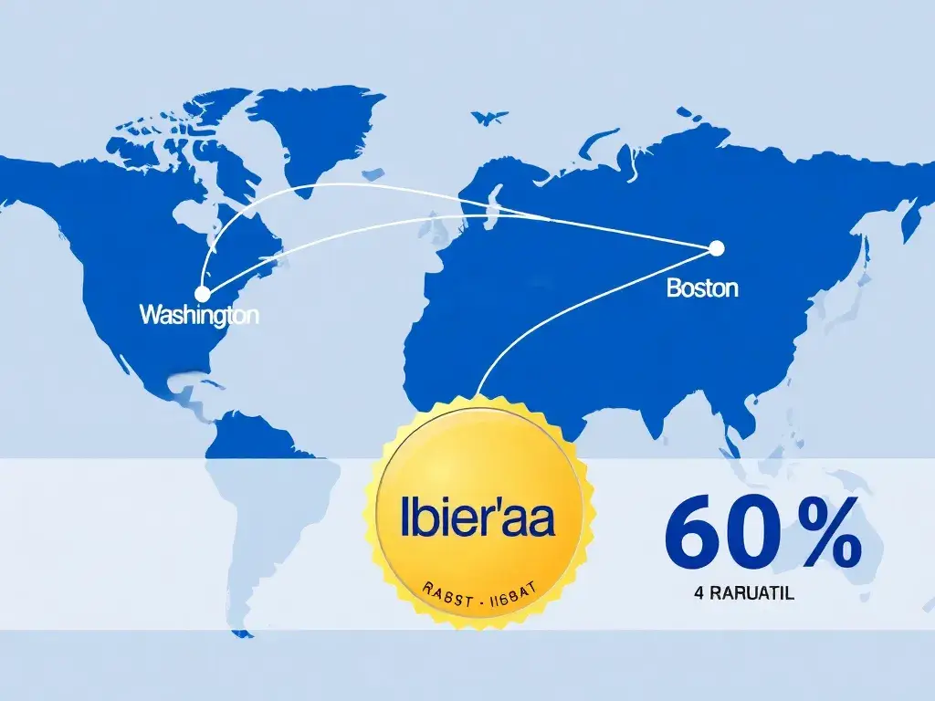 Iberia Plus: Bis zu 60% Rabatt auf Award-Flüge: Header-Bild: Hochauflösend, stilisierte Weltkarte im Hintergrund, Flugrouten von Madrid nac…