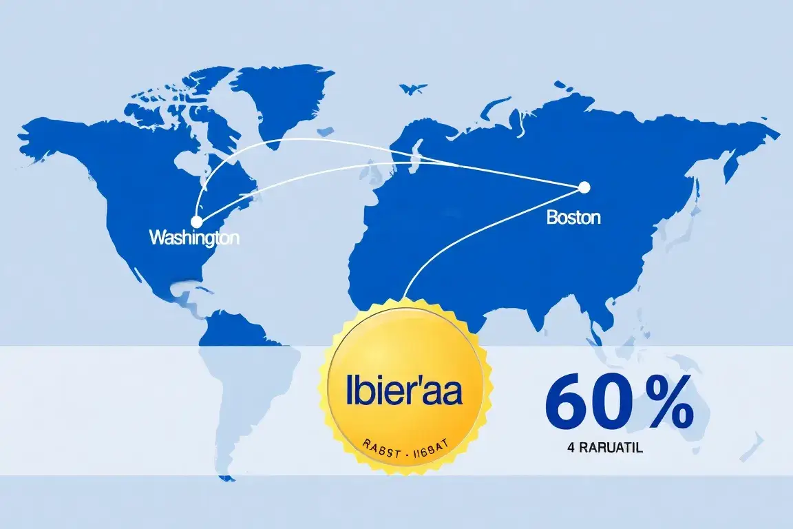 Iberia Plus: Bis zu 60% Rabatt auf Award-Flüge: Header-Bild: Hochauflösend, stilisierte Weltkarte im Hintergrund, Flugrouten von Madrid nac…