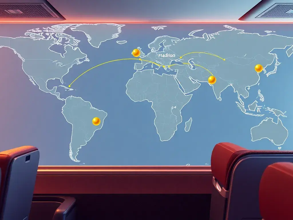 Iberia Plus: Bis zu 60% Rabatt auf Award-Flüge: Fotorealistische Header-Grafik: Iberia Business Class Kabine, Weltkarte im Hintergrund mit …