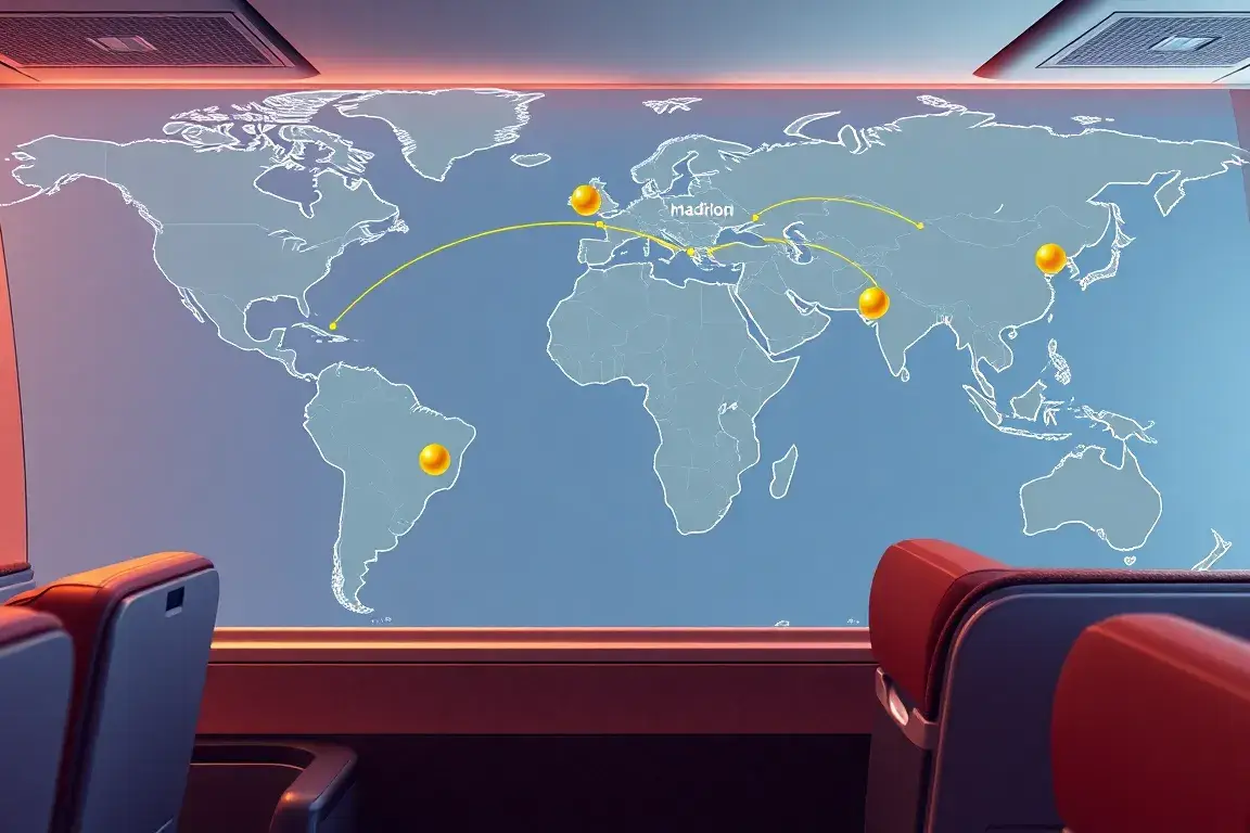 Iberia Plus: Bis zu 60% Rabatt auf Award-Flüge: Fotorealistische Header-Grafik: Iberia Business Class Kabine, Weltkarte im Hintergrund mit …