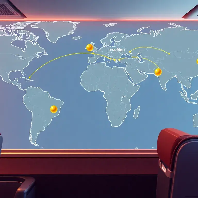 Iberia Plus: Bis zu 60% Rabatt auf Award-Flüge: Fotorealistische Header-Grafik: Iberia Business Class Kabine, Weltkarte im Hintergrund mit …