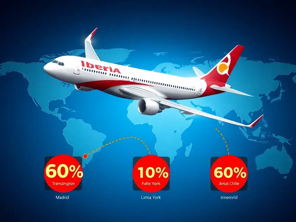 Iberia Plus: Bis zu 60% Rabatt auf Award-Flüge: Haupt-Bildprompt: Ein detailliertes Header-Bild im Reise-Blog-Stil, das die Iberia Plus-Pro…