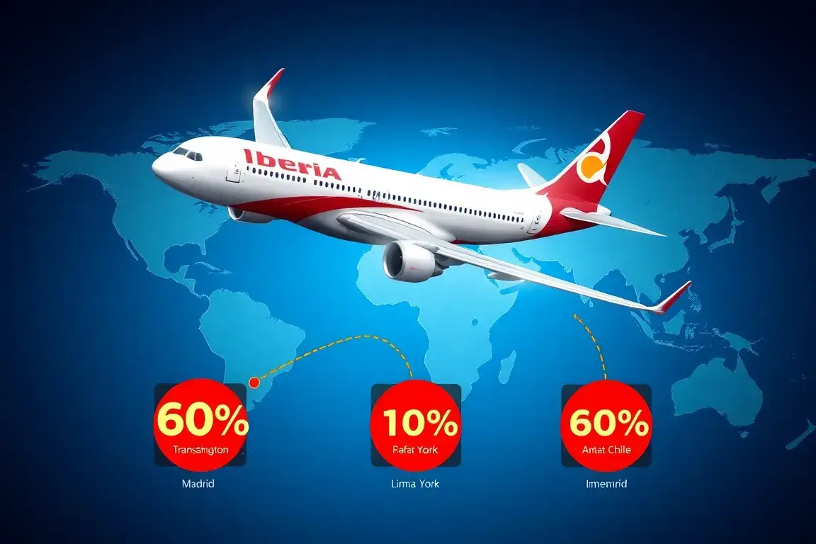 Iberia Plus: Bis zu 60% Rabatt auf Award-Flüge: Haupt-Bildprompt: Ein detailliertes Header-Bild im Reise-Blog-Stil, das die Iberia Plus-Pro…