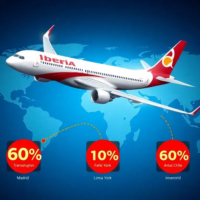Iberia Plus: Bis zu 60% Rabatt auf Award-Flüge: Haupt-Bildprompt: Ein detailliertes Header-Bild im Reise-Blog-Stil, das die Iberia Plus-Pro…