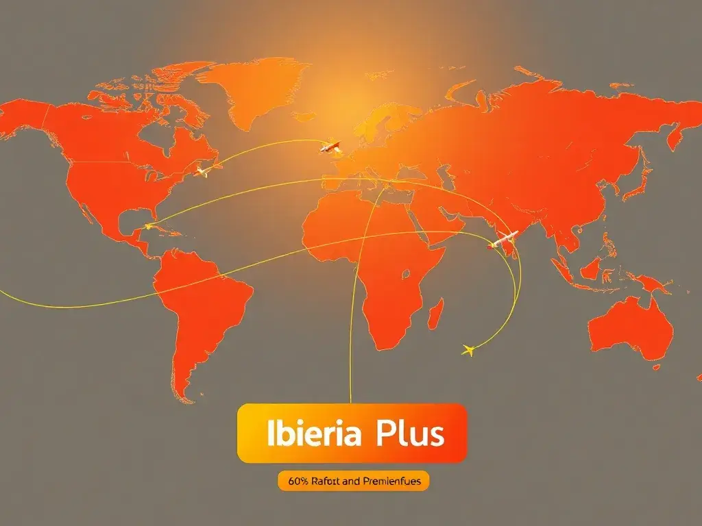Iberia Plus: Bis zu 60% Rabatt auf Prämienflüge: Midjourney Prompt: Eine detailreiche, moderne Illustration einer globalen Flugverbindung i…