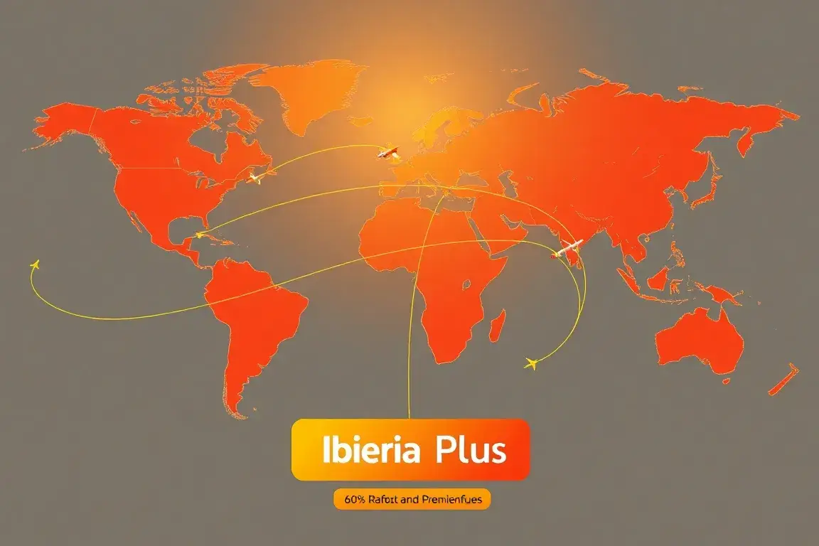 Iberia Plus: Bis zu 60% Rabatt auf Prämienflüge: Midjourney Prompt: Eine detailreiche, moderne Illustration einer globalen Flugverbindung i…