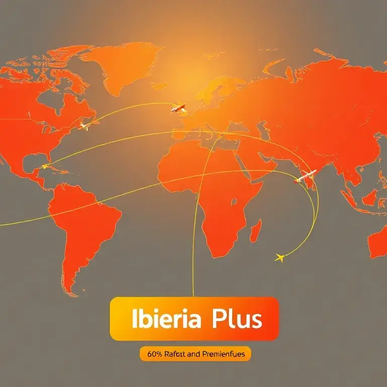 Iberia Plus: Bis zu 60% Rabatt auf Prämienflüge: Midjourney Prompt: Eine detailreiche, moderne Illustration einer globalen Flugverbindung i…
