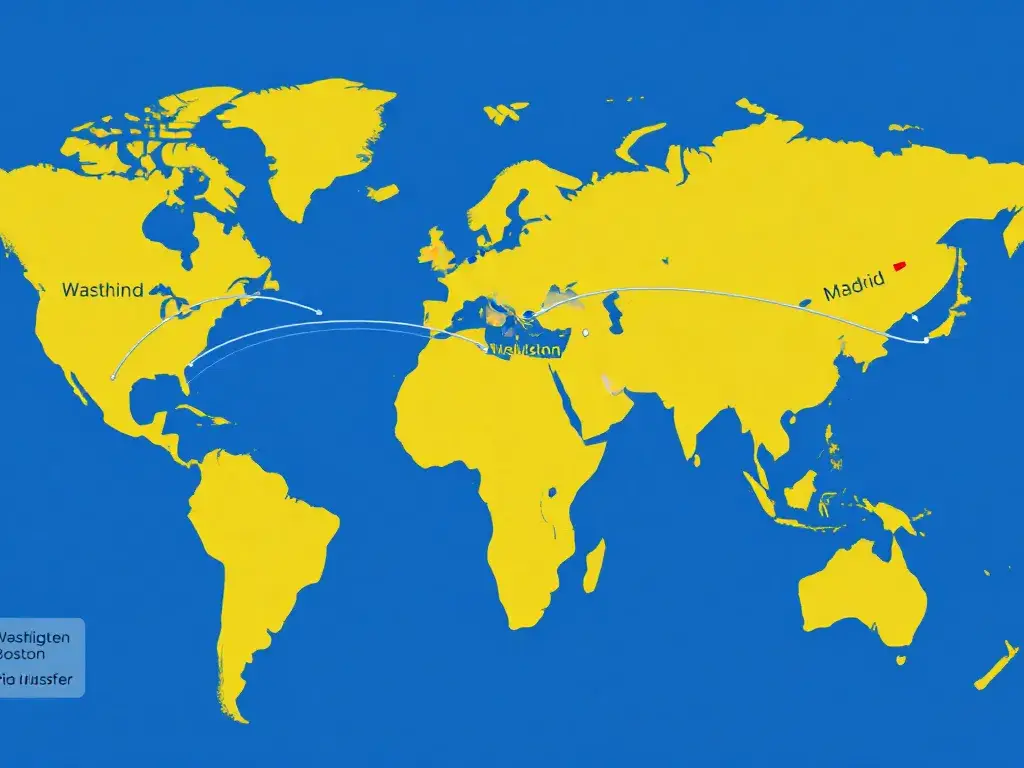 Iberia Plus Rabatte: Bis zu 60% auf Award-Flüge: Detailreiches Hero-Bild: Weltkarte in Iberia-Blau und Gold mit Flugrouten von Madrid nach …