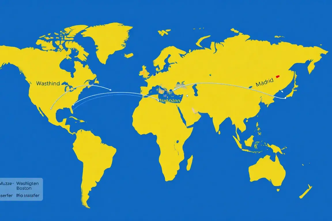 Iberia Plus Rabatte: Bis zu 60% auf Award-Flüge: Detailreiches Hero-Bild: Weltkarte in Iberia-Blau und Gold mit Flugrouten von Madrid nach …