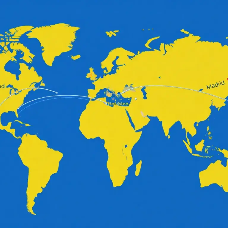 Iberia Plus Rabatte: Bis zu 60% auf Award-Flüge: Detailreiches Hero-Bild: Weltkarte in Iberia-Blau und Gold mit Flugrouten von Madrid nach …