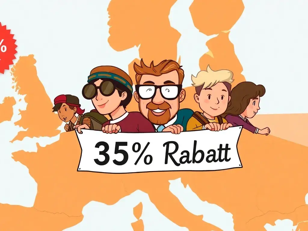 Interrail und Eurail: 25% Rabatt auf Bahnpässe: Eine lebendige Illustration eines Zuges, der über eine stilisierte Europakarte fährt, mit e…