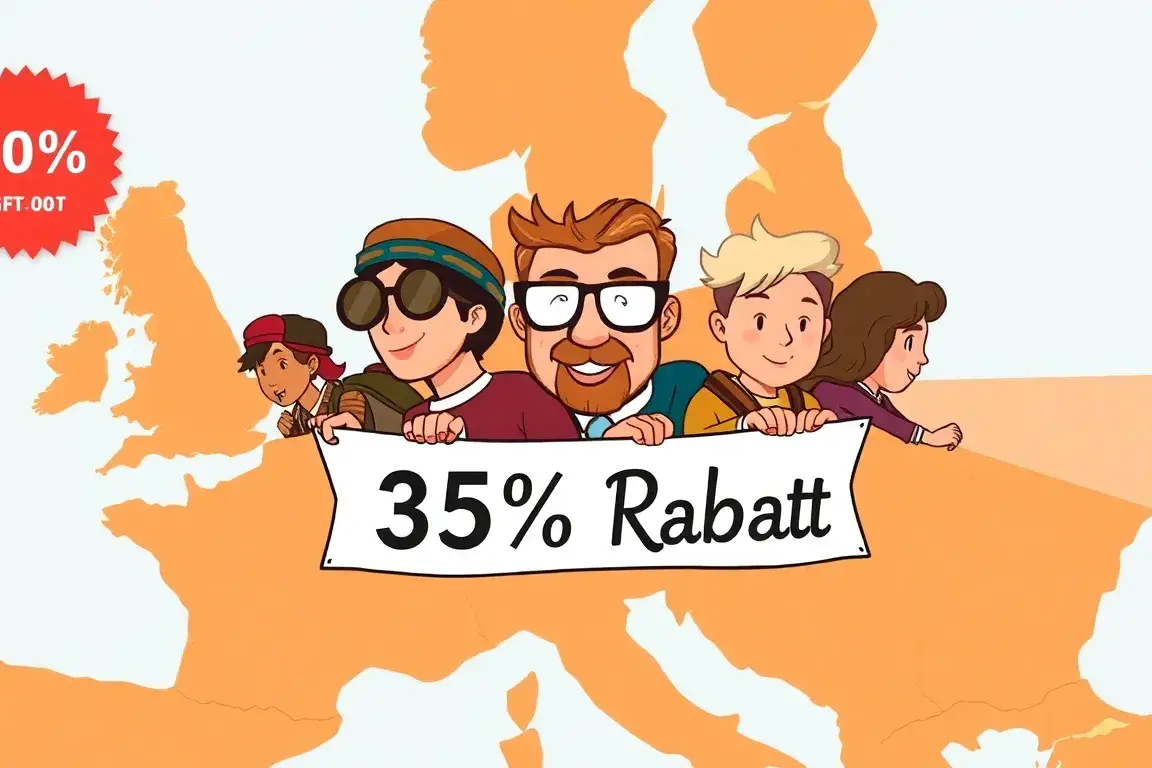 Interrail und Eurail: 25% Rabatt auf Bahnpässe: Eine lebendige Illustration eines Zuges, der über eine stilisierte Europakarte fährt, mit e…