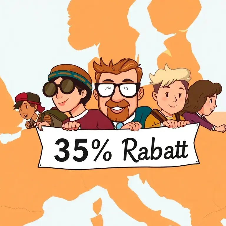 Interrail und Eurail: 25% Rabatt auf Bahnpässe: Eine lebendige Illustration eines Zuges, der über eine stilisierte Europakarte fährt, mit e…