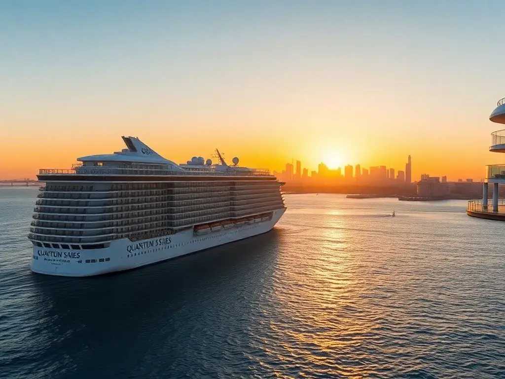 Quantum of the Seas: Mini-Mexiko-Kreuzfahrten ab LA Balkon: Hyperrealistisches Titelbild: Die Quantum of the Seas in Seitenansicht, Balkonk…