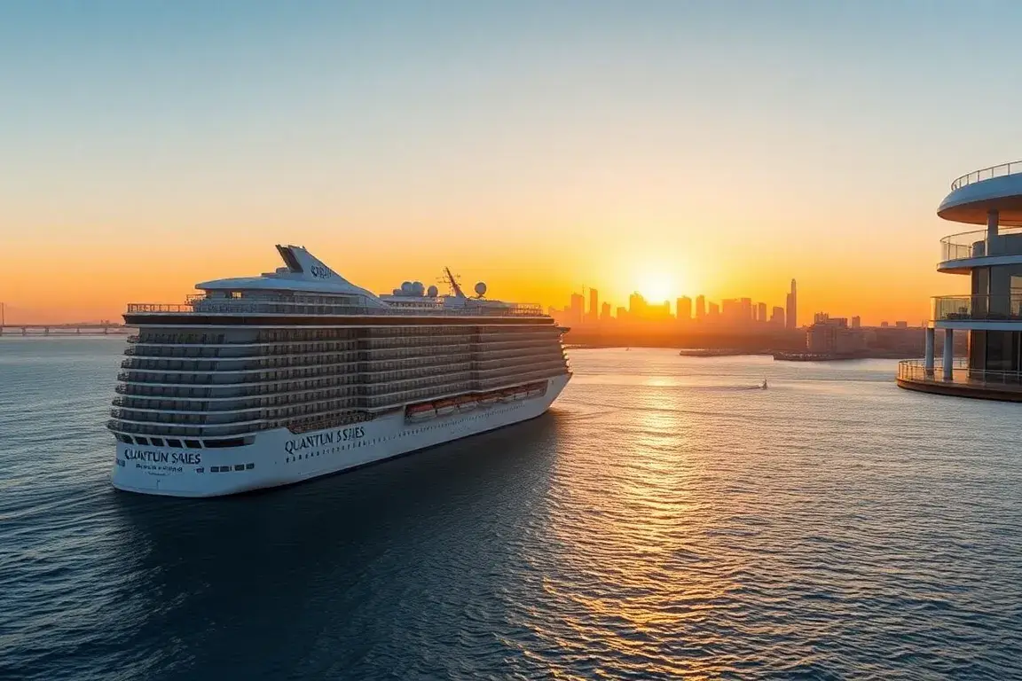 Quantum of the Seas: Mini-Mexiko-Kreuzfahrten ab LA Balkon: Hyperrealistisches Titelbild: Die Quantum of the Seas in Seitenansicht, Balkonk…