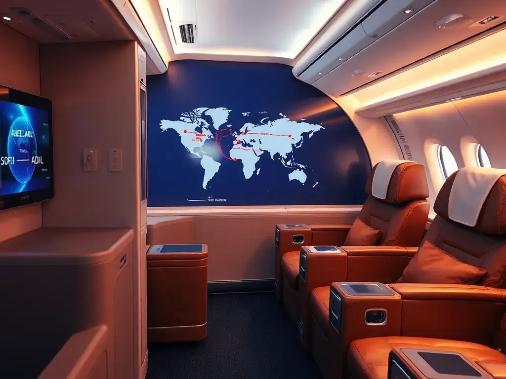 Sofia–Adelaide: €2.291 Business Class: Fotorealistisches Hauptbild einer luxuriösen Business Class-Kabine in einer Star-Alliance-Maschine; …