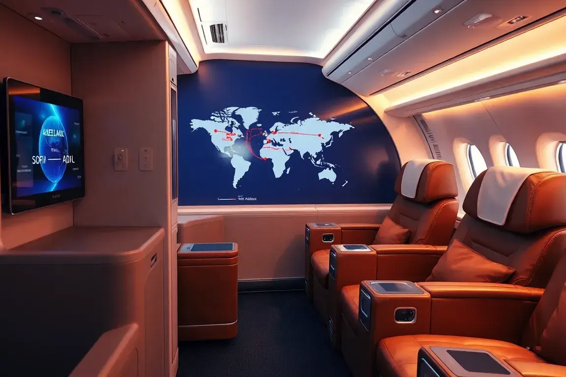 Sofia–Adelaide: €2.291 Business Class: Fotorealistisches Hauptbild einer luxuriösen Business Class-Kabine in einer Star-Alliance-Maschine; …