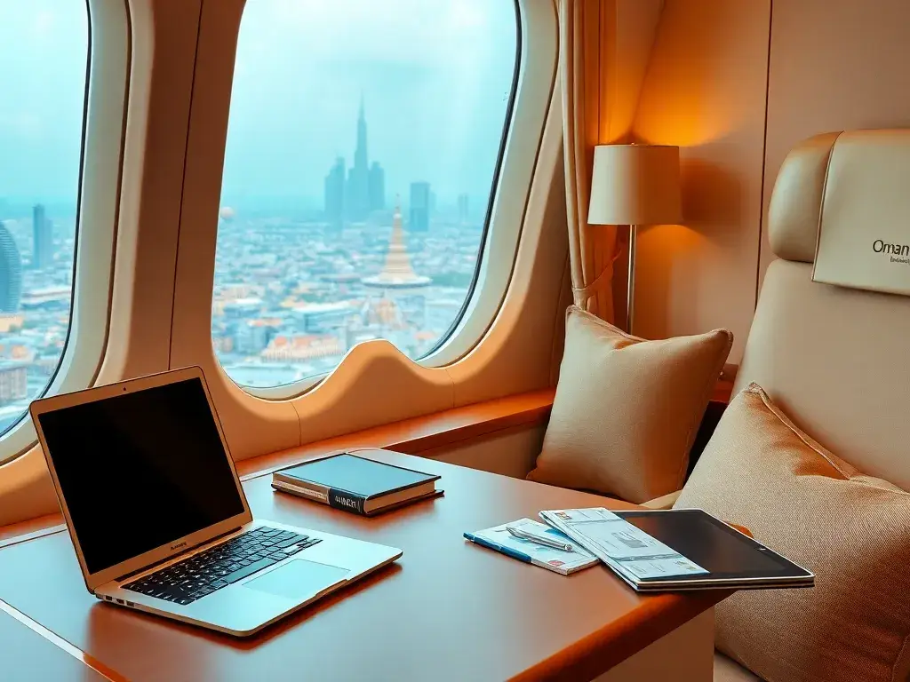 Unsere handverlesenen Deals der Woche: Oman Air & Eurowings: Hochauflösendes hero image: Eine stilvolle Travel-Desk-Szene mit einer luxuriö…