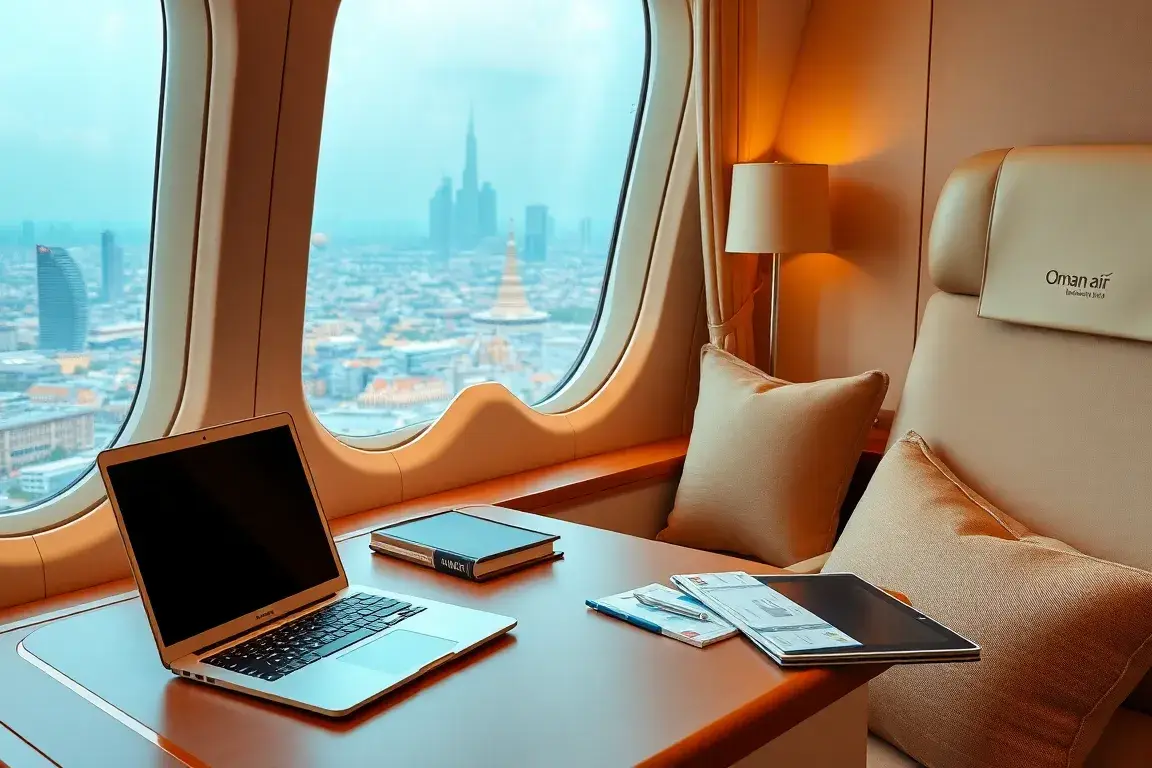 Unsere handverlesenen Deals der Woche: Oman Air & Eurowings: Hochauflösendes hero image: Eine stilvolle Travel-Desk-Szene mit einer luxuriö…