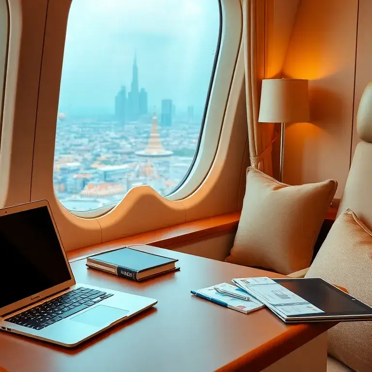 Unsere handverlesenen Deals der Woche: Oman Air & Eurowings: Hochauflösendes hero image: Eine stilvolle Travel-Desk-Szene mit einer luxuriö…
