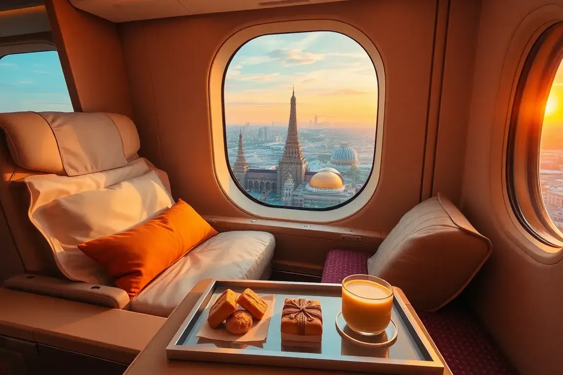 Unsere handverlesenen Dealz der Woche: Oman Air & Eurowings: Ein hochauflösendes Travel-Editorial-Hero-Bild: Luxuriöse Oman Air Business Cl…