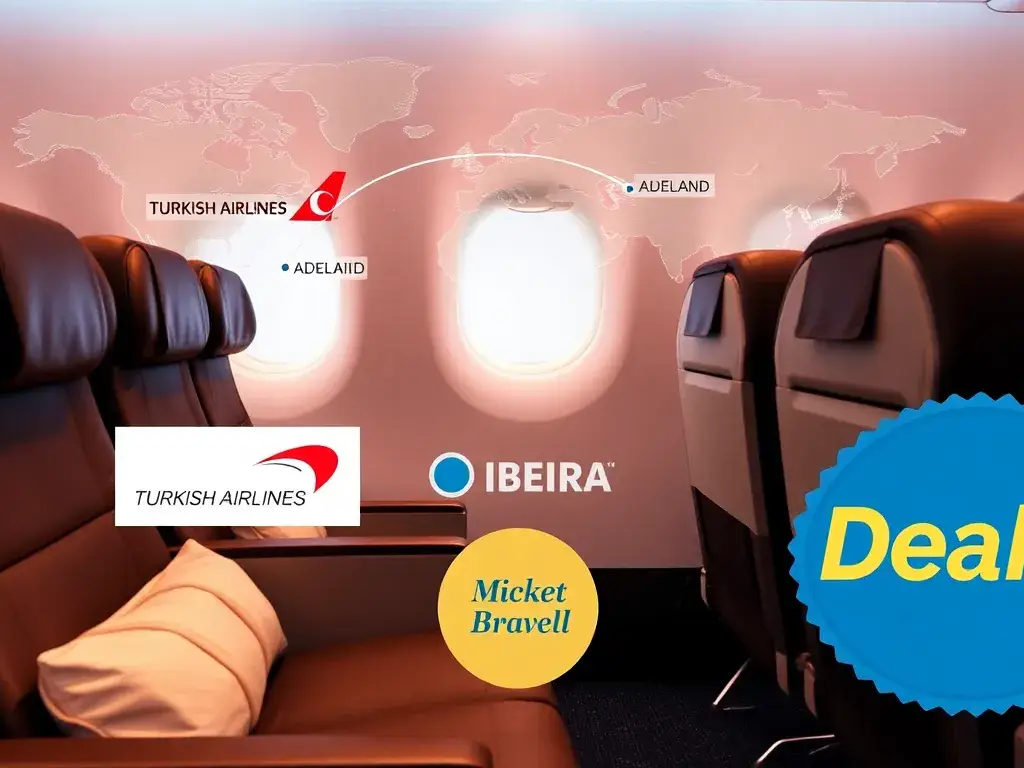 Unsere Handverlesenen Dealz der Woche: Türkei & Iberia: Ein hochwertiges Header-Bild: luxuriöse Business-Class-Sitze, eine stilisierte Welt…