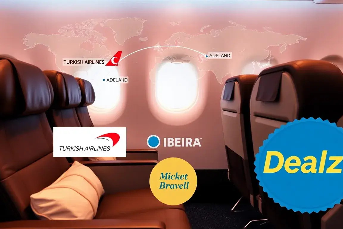 Unsere Handverlesenen Dealz der Woche: Türkei & Iberia: Ein hochwertiges Header-Bild: luxuriöse Business-Class-Sitze, eine stilisierte Welt…