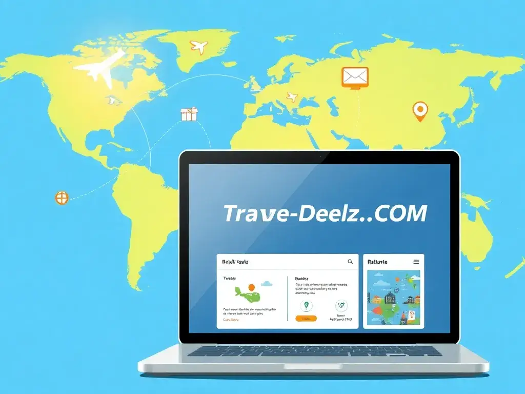 Willkommen bei Travel-Dealz.COM – Reisedeals weltweit: Eine hochauflösende Illustration, die Travel-Dealz.COM als globale Reiseplattform ze…