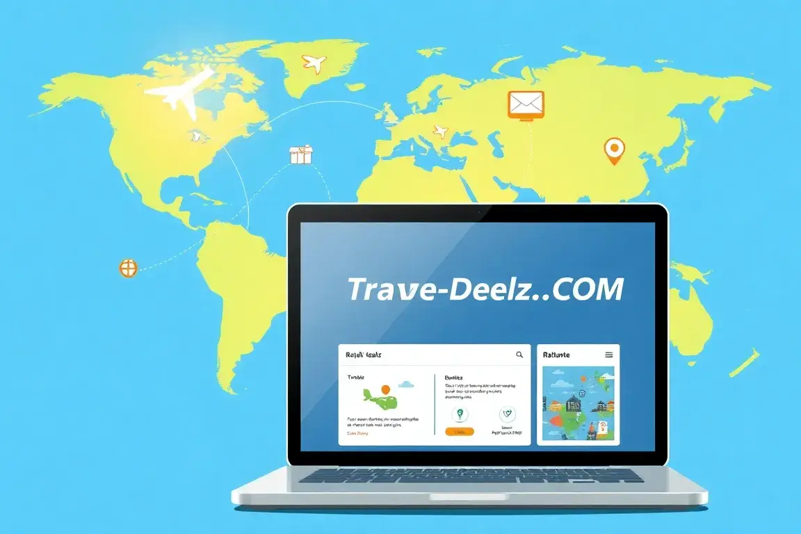 Willkommen bei Travel-Dealz.COM – Reisedeals weltweit: Eine hochauflösende Illustration, die Travel-Dealz.COM als globale Reiseplattform ze…