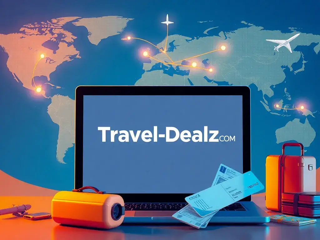 Willkommen bei Travel-Dealz.COM – Reisen mit Vertrauen: Eine detailreiche digitale Illustration für das Hauptbild von Travel-Dealz.COM: Ein…