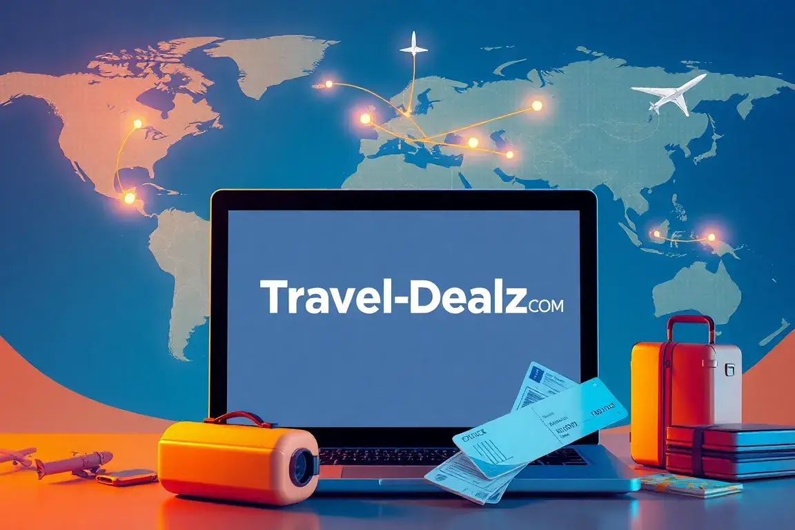 Willkommen bei Travel-Dealz.COM – Reisen mit Vertrauen: Eine detailreiche digitale Illustration für das Hauptbild von Travel-Dealz.COM: Ein…