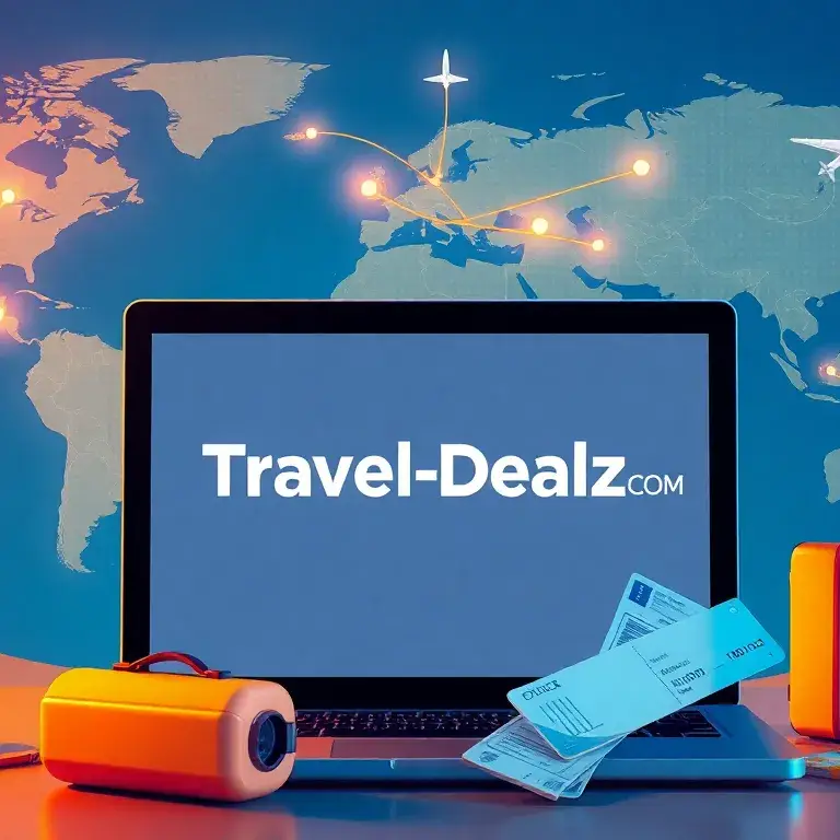 Willkommen bei Travel-Dealz.COM – Reisen mit Vertrauen: Eine detailreiche digitale Illustration für das Hauptbild von Travel-Dealz.COM: Ein…