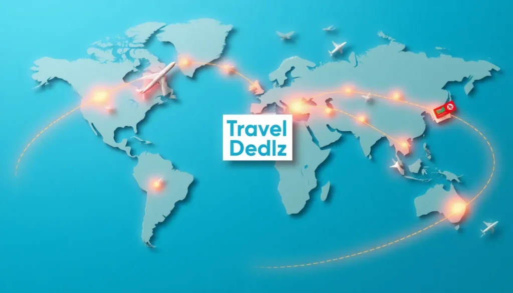 Willkommen bei Travel-Dealz: Global, ehrlich & günstig - Einführung: Eine stilisierte Weltkarte im flachen Design mit leuchtenden Reiserout…