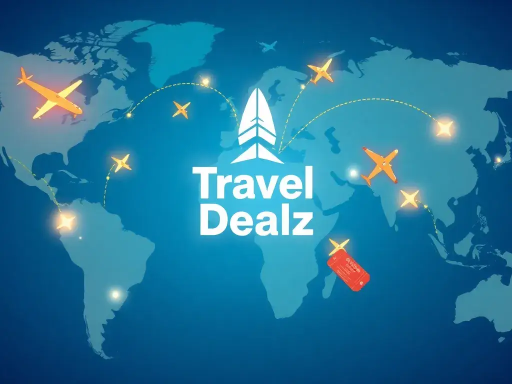 Willkommen bei Travel-Dealz: Global, ehrlich & günstig: Eine farbenfrohe, globale Travel-Dealz-Illustration – eine Weltkarte mit leuchtende…