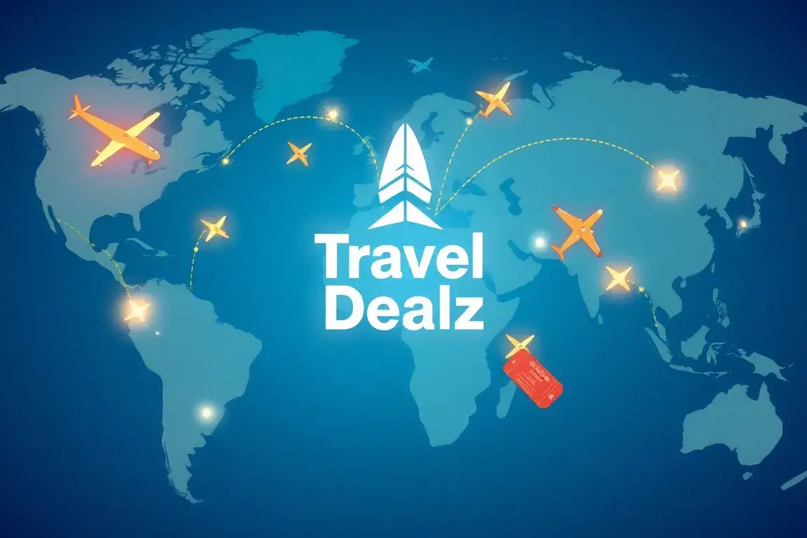 Willkommen bei Travel-Dealz: Global, ehrlich & günstig: Eine farbenfrohe, globale Travel-Dealz-Illustration – eine Weltkarte mit leuchtende…