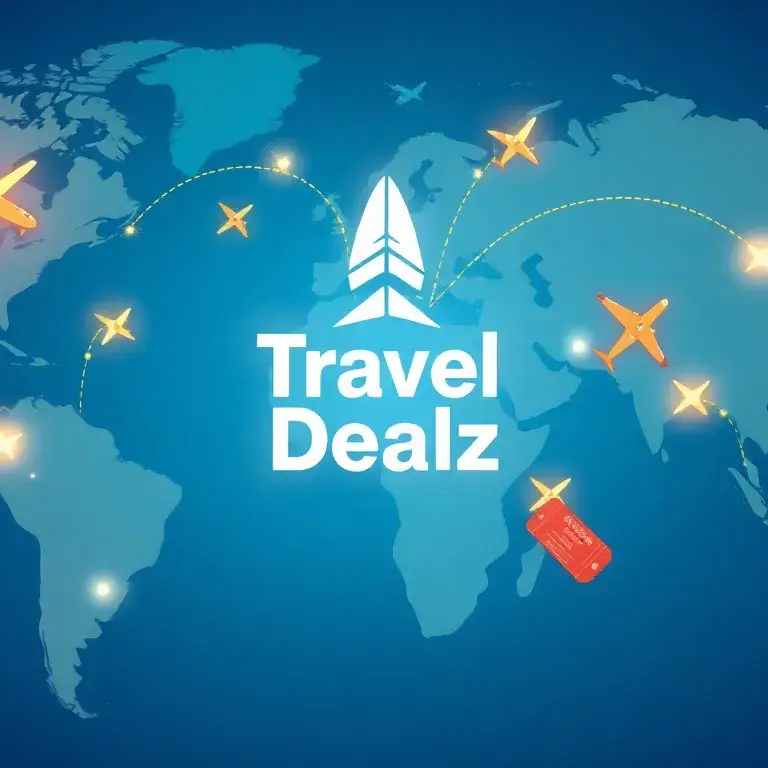 Willkommen bei Travel-Dealz: Global, ehrlich & günstig: Eine farbenfrohe, globale Travel-Dealz-Illustration – eine Weltkarte mit leuchtende…