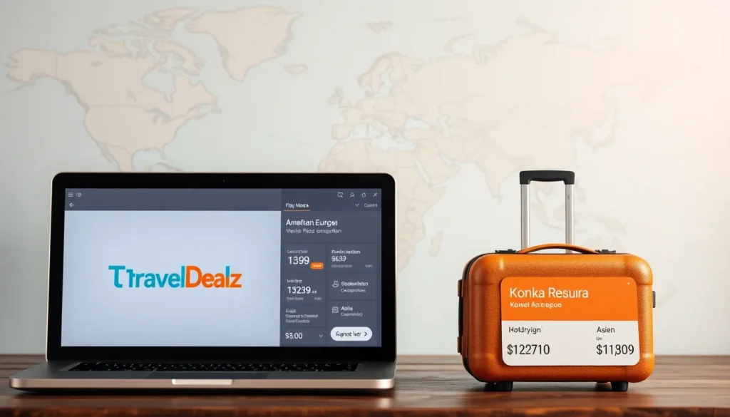 Willkommen bei Travel-Dealz: Weltweite Reisedeals - Fazit: Travel-Dealz geht global: Bildprompt: Ein globales Reisekonzept: Laptop mit Trav…
