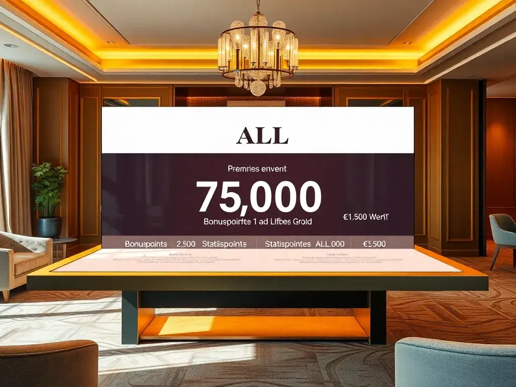 Accor ALL Signature: €880/Jahr, Gold Status & €1.500 Wert: Fotorealistisches Bild einer luxuriösen Hotel-Lobby mit ALL-Logo und einer große…