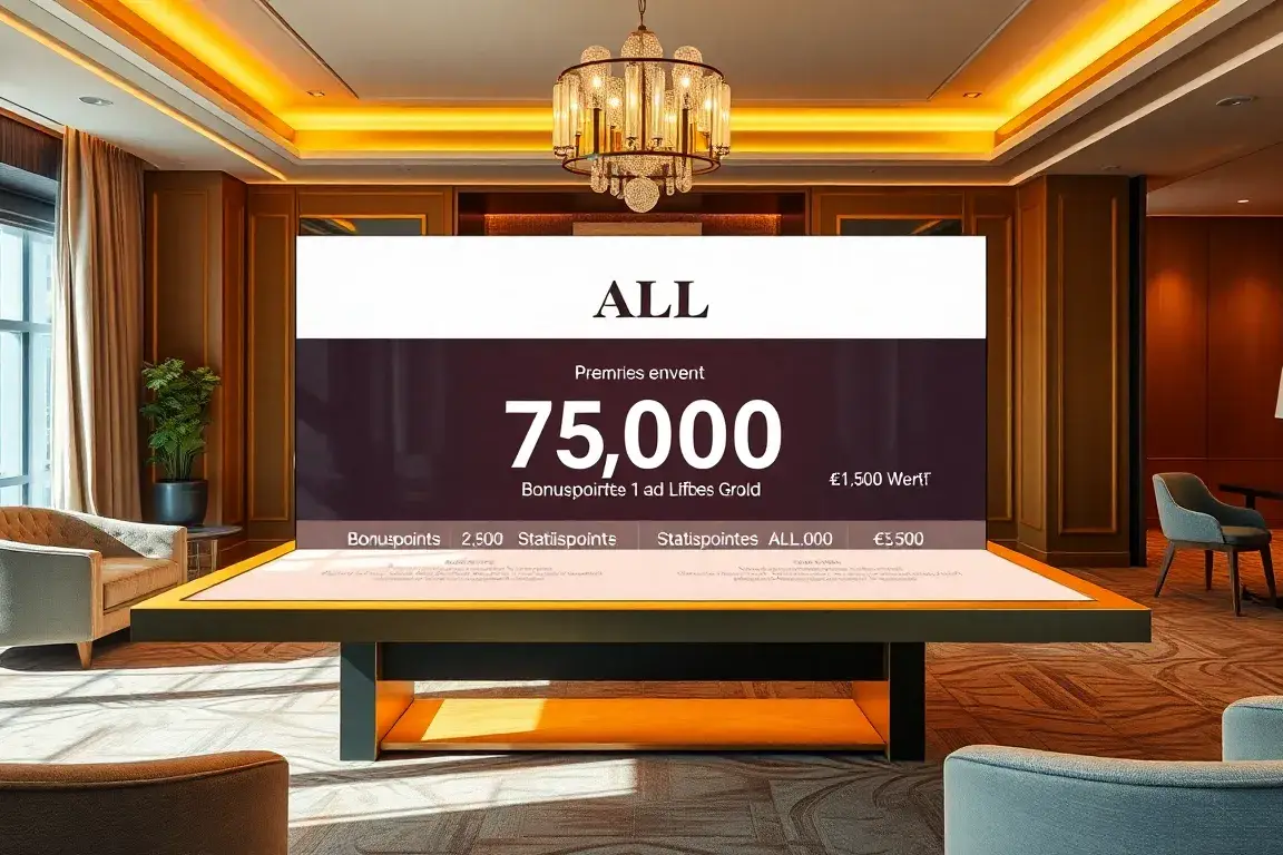 Accor ALL Signature: €880/Jahr, Gold Status & €1.500 Wert: Fotorealistisches Bild einer luxuriösen Hotel-Lobby mit ALL-Logo und einer große…