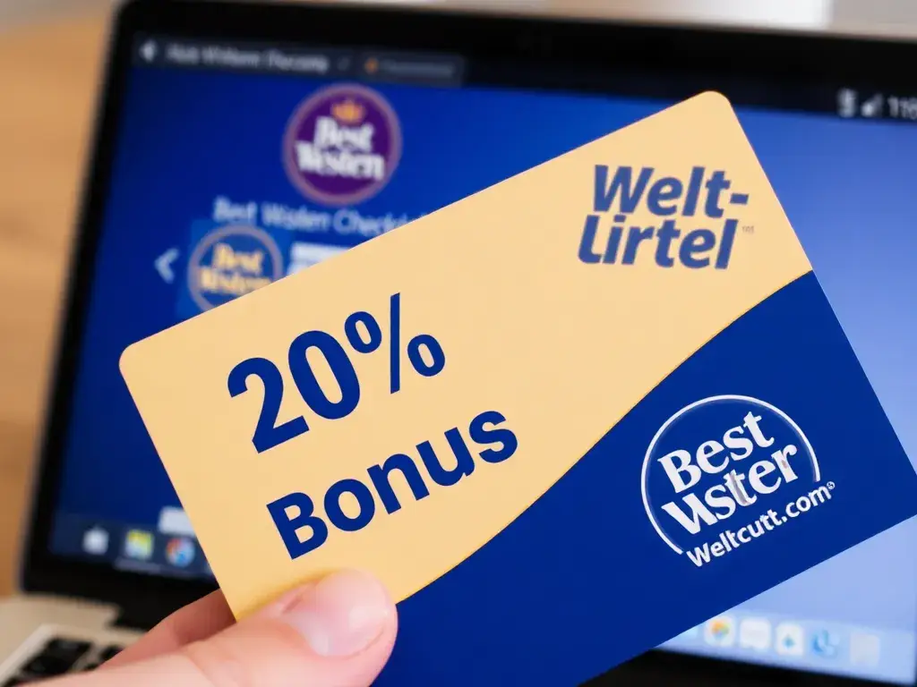 Best Western Geschenkkarten mit 20% Bonus bis Februar 2026: Realistisches 16:9-Bild: Nahaufnahme einer Best Western Geschenkkarte mit einem…